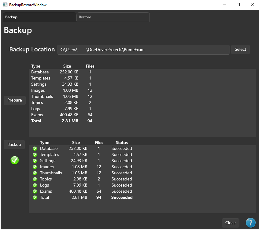 Janela Backup e Restauração